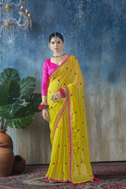 Shubh Haldi - Yellow Poly georgette Saree with Rani Colour Gota Details on Border