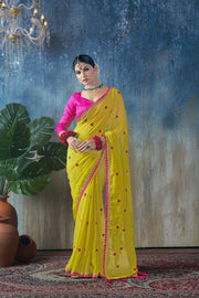 Shubh Haldi - Yellow Poly georgette Saree with Rani Colour Gota Details on Border