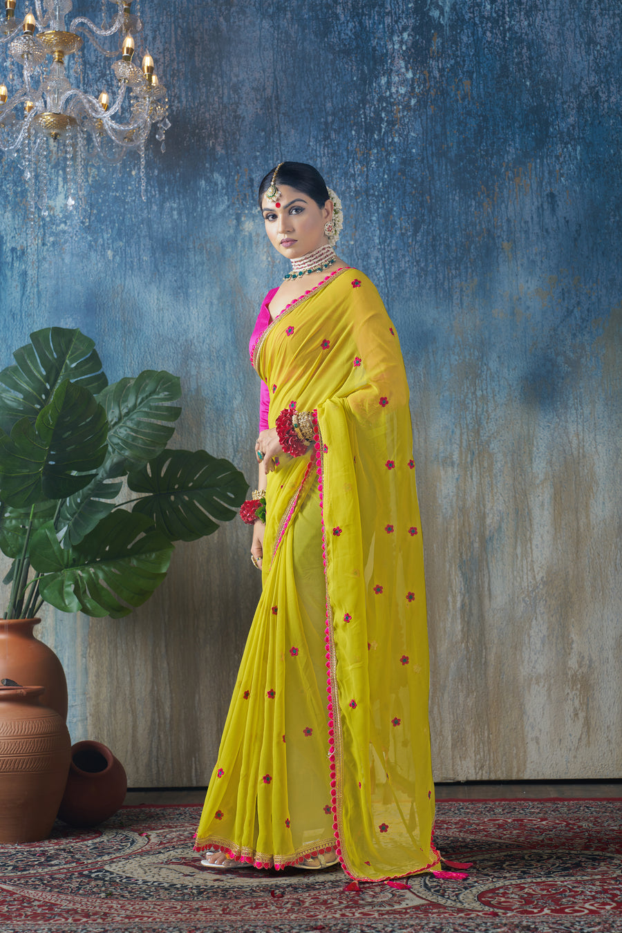 Shubh Haldi - Yellow Poly georgette Saree with Rani Colour Gota Details on Border