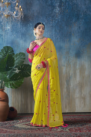 Shubh Haldi - Yellow Poly georgette Saree with Rani Colour Gota Details on Border