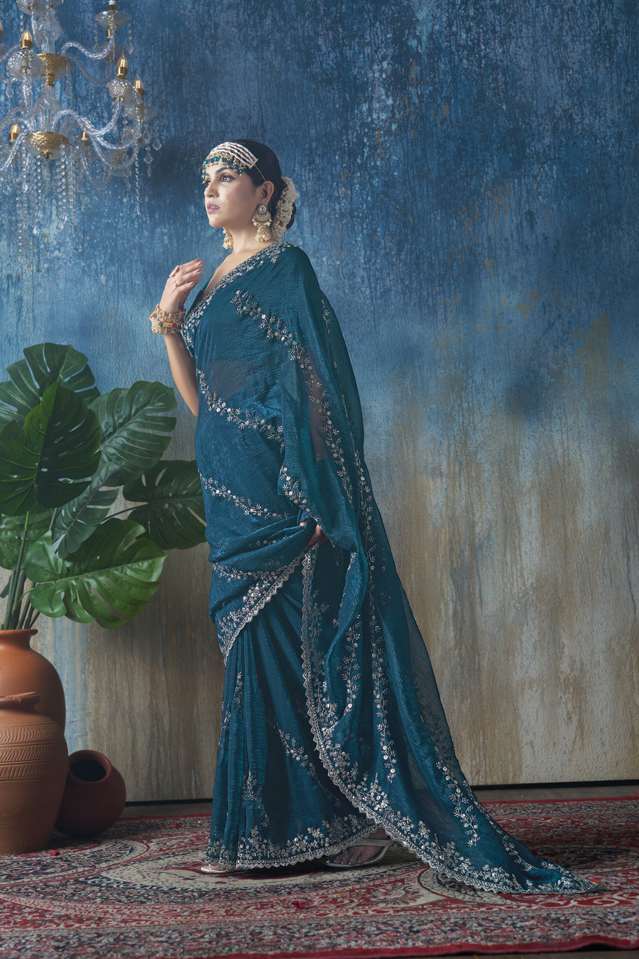 Diya - Dark Blue Shimmer Georgette Saree with Silver Zari Work