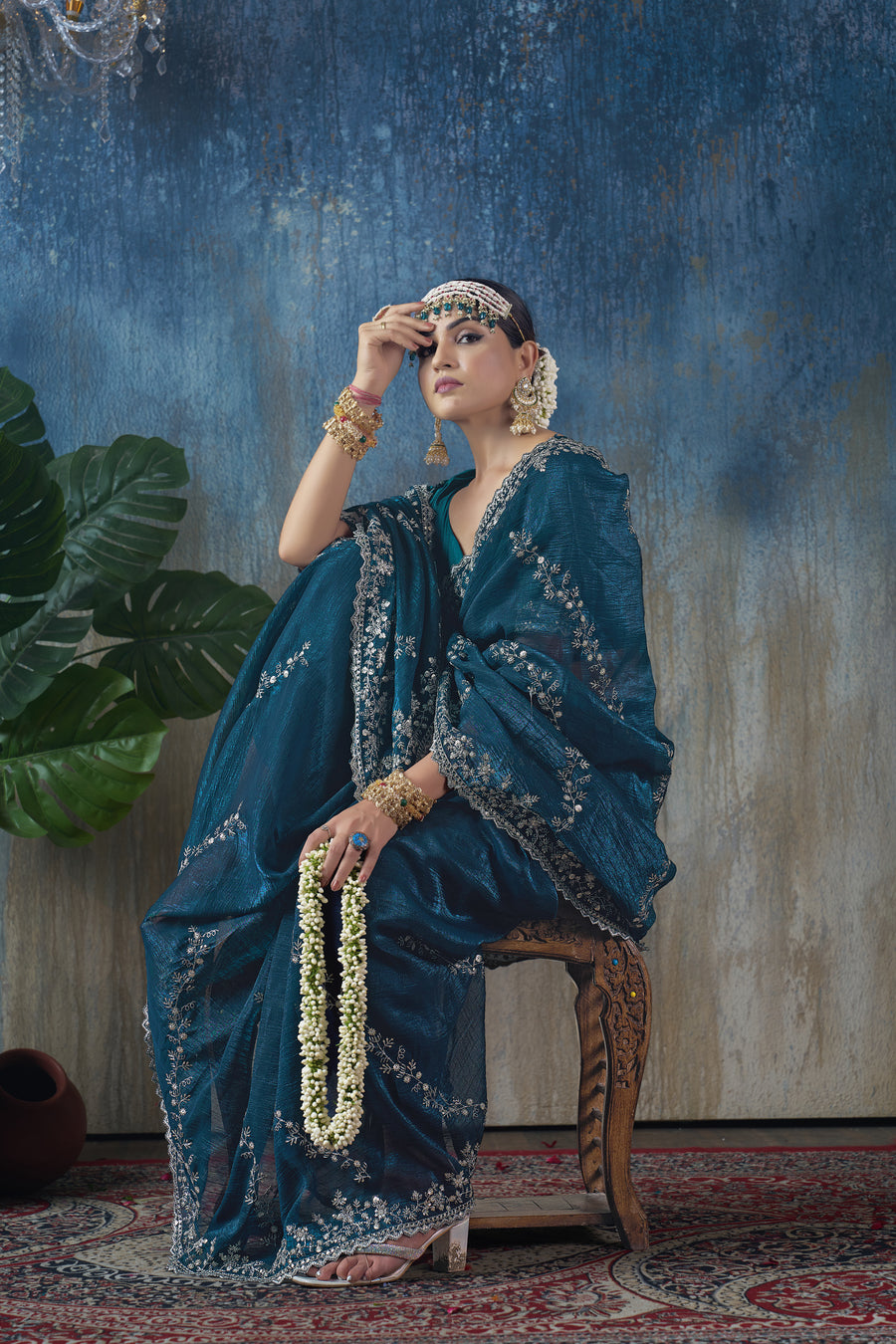 Diya - Dark Blue Shimmer Georgette Saree with Silver Zari Work