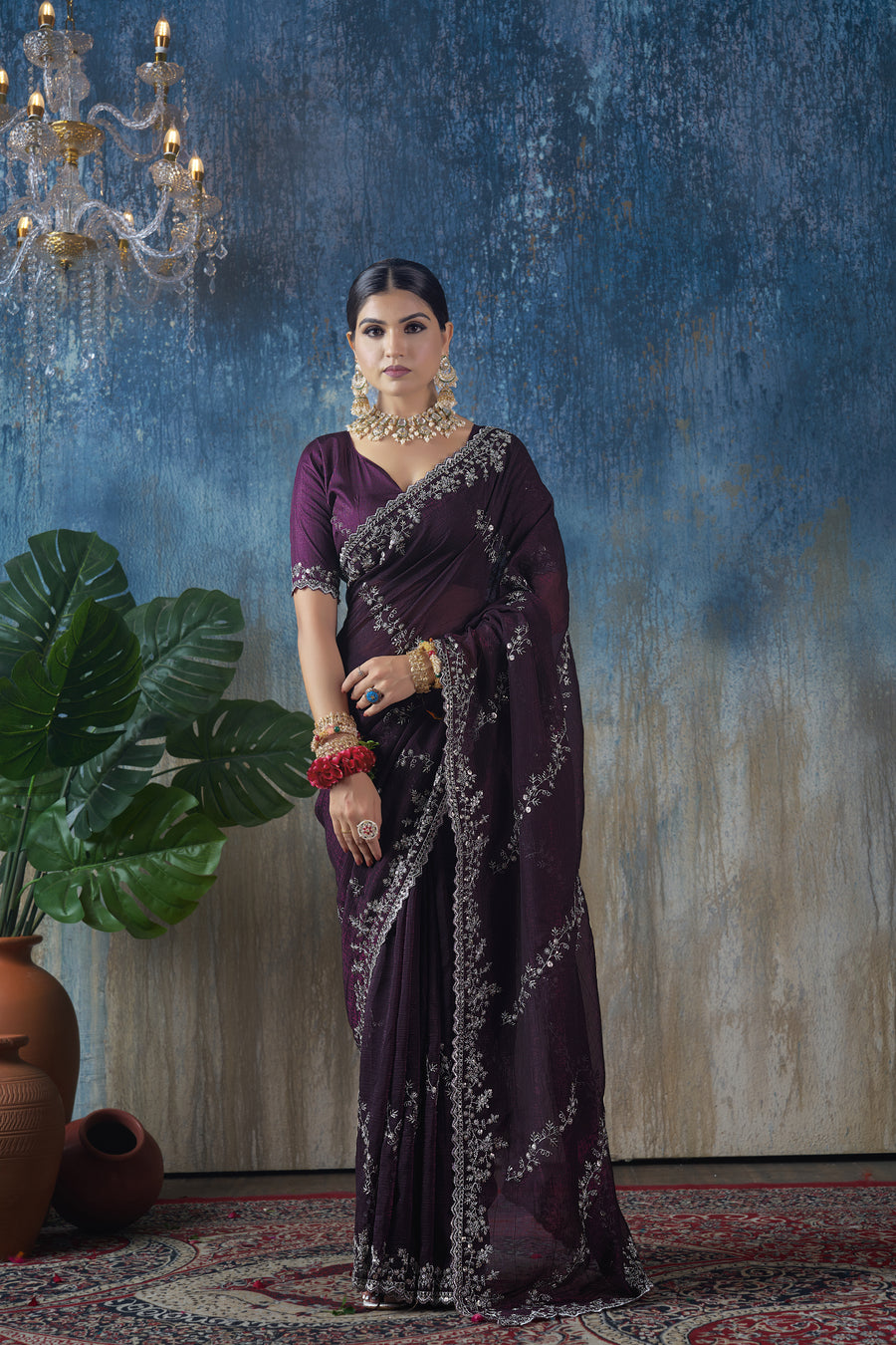 Diya - Dark Blue Shimmer Georgette Saree with Silver Zari Work