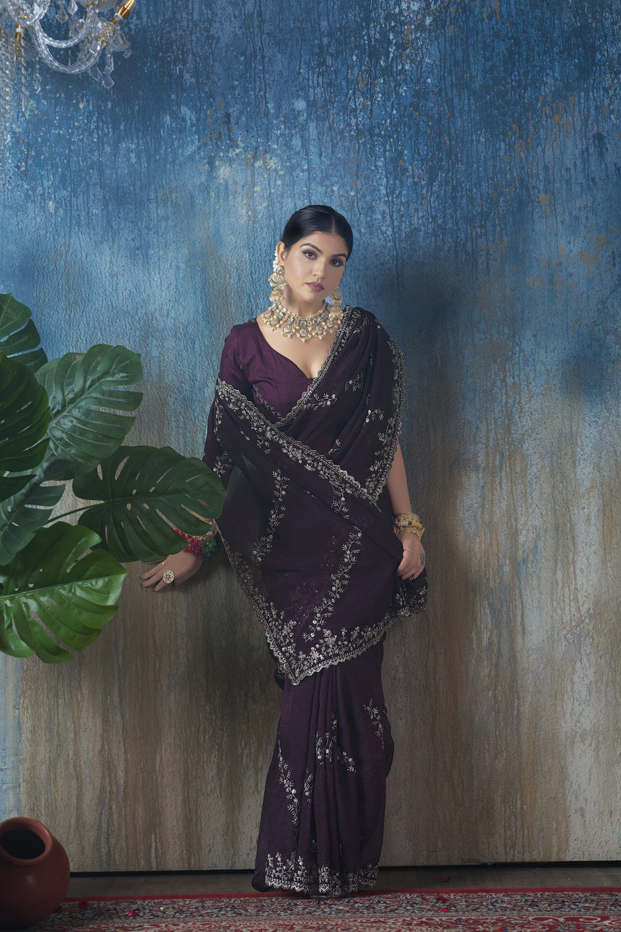 Diya - Dark Blue Shimmer Georgette Saree with Silver Zari Work